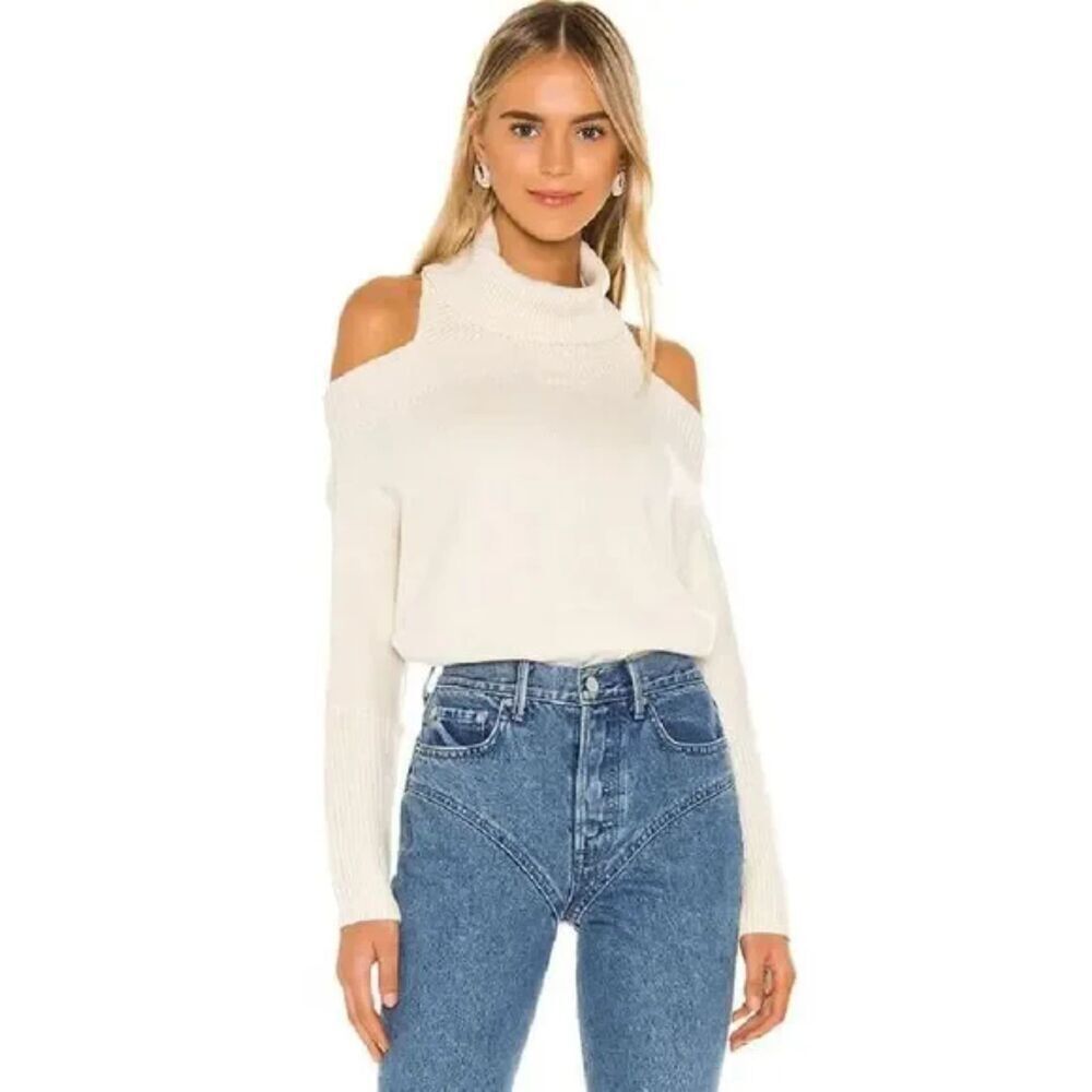 LOVERS AND FRIENDS Ivory Cream Knit Cut Out Crop Turtleneck Sweater Size Small